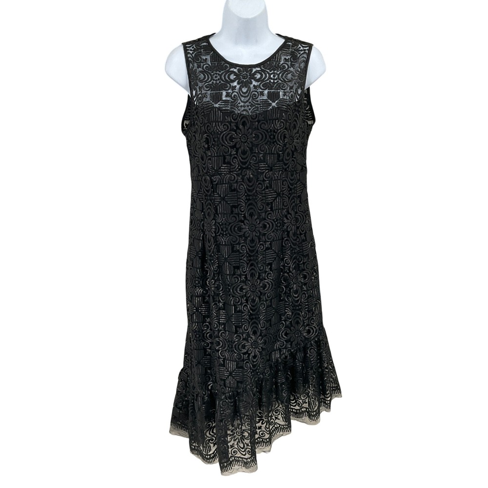 Nanette Lepore Cocktail Dress Womens 8 Black Sequin Lace Asymmetrical Ruffle NEW